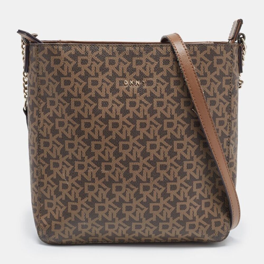 Dkny Brown Signature Coated Canvas And Leather Zip Messenger Bag